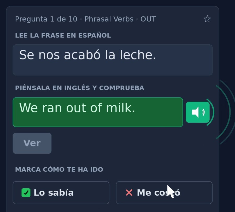 Tarjeta de Frasly: la frase «Se nos acabó la leche» en español y su respuesta en inglés, «We ran out of milk», con los botones Lo sabía y Me costó